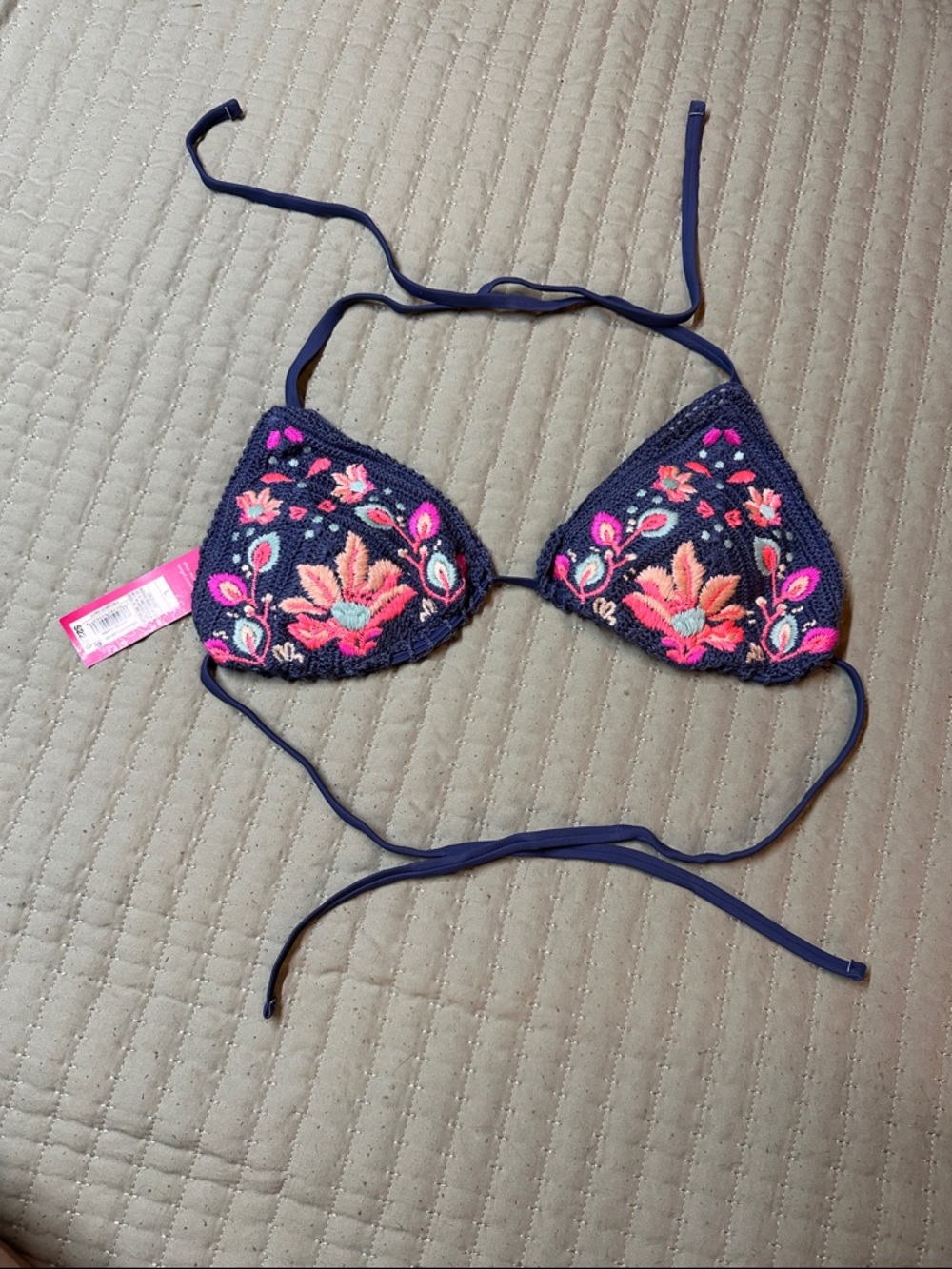 Xhilaration Navy Crochet Bikini Top with Pink and Coral Embroidery